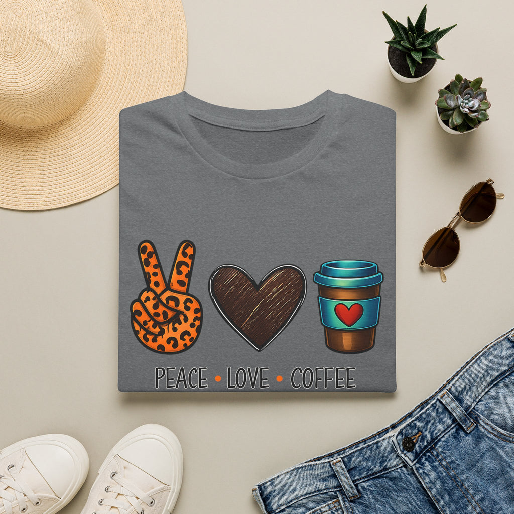 Peace Love Coffee T-Shirt — Retro Leopard Peace Sign & Heart Coffee Cup Tee