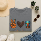 Peace Love Coffee T-Shirt — Retro Leopard Peace Sign & Heart Coffee Cup Tee