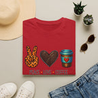 Peace Love Coffee T-Shirt — Retro Leopard Peace Sign & Heart Coffee Cup Tee