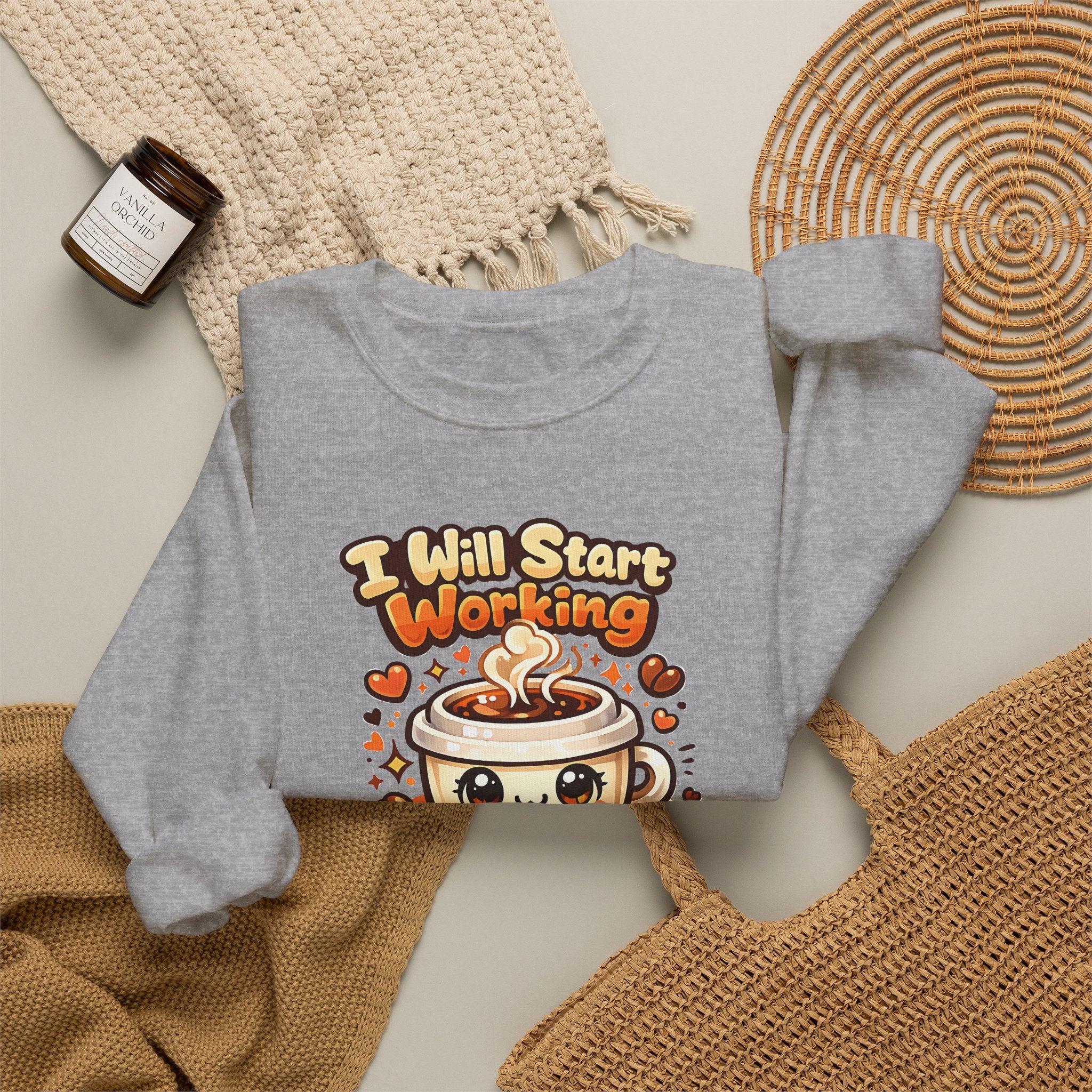 "I Will Start Working When My Coffee Does" Cute Kawaii Crewneck — Coffee Sweatshirt