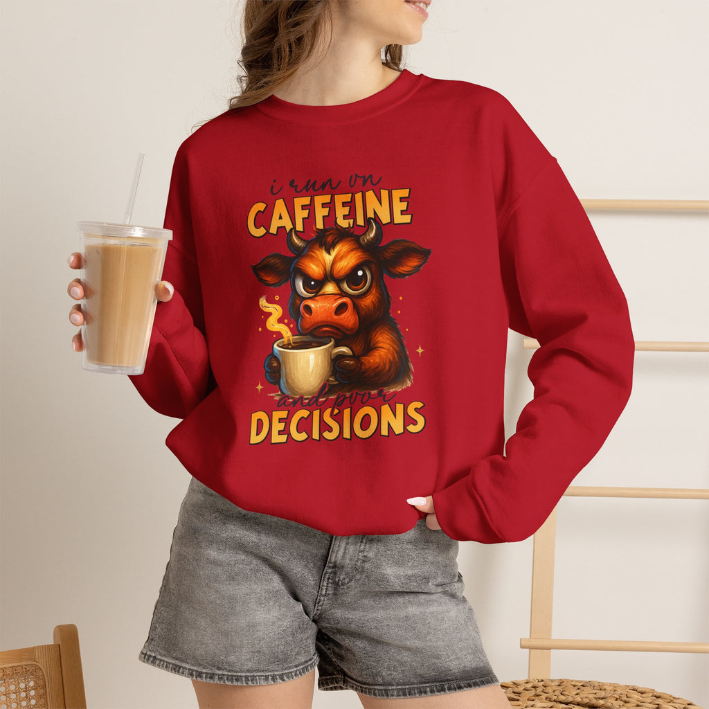 Caffeine-Fueled Cow Sweatshirt — "I Run on Caffeine and Questionable Decisions" Cozy Crewneck