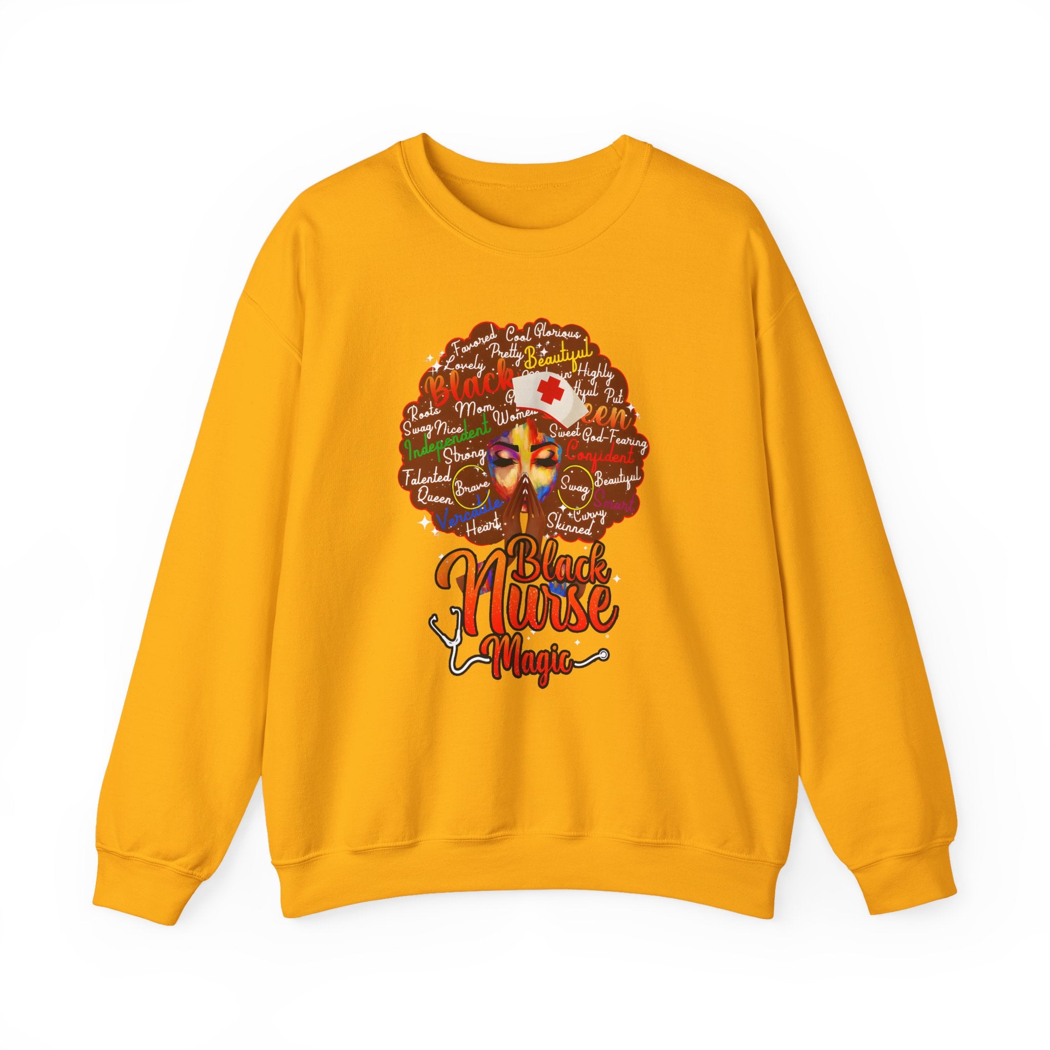 Black Nurse Magic Crewneck Sweatshirt — Brown Afro Nurse Heartbeat Design