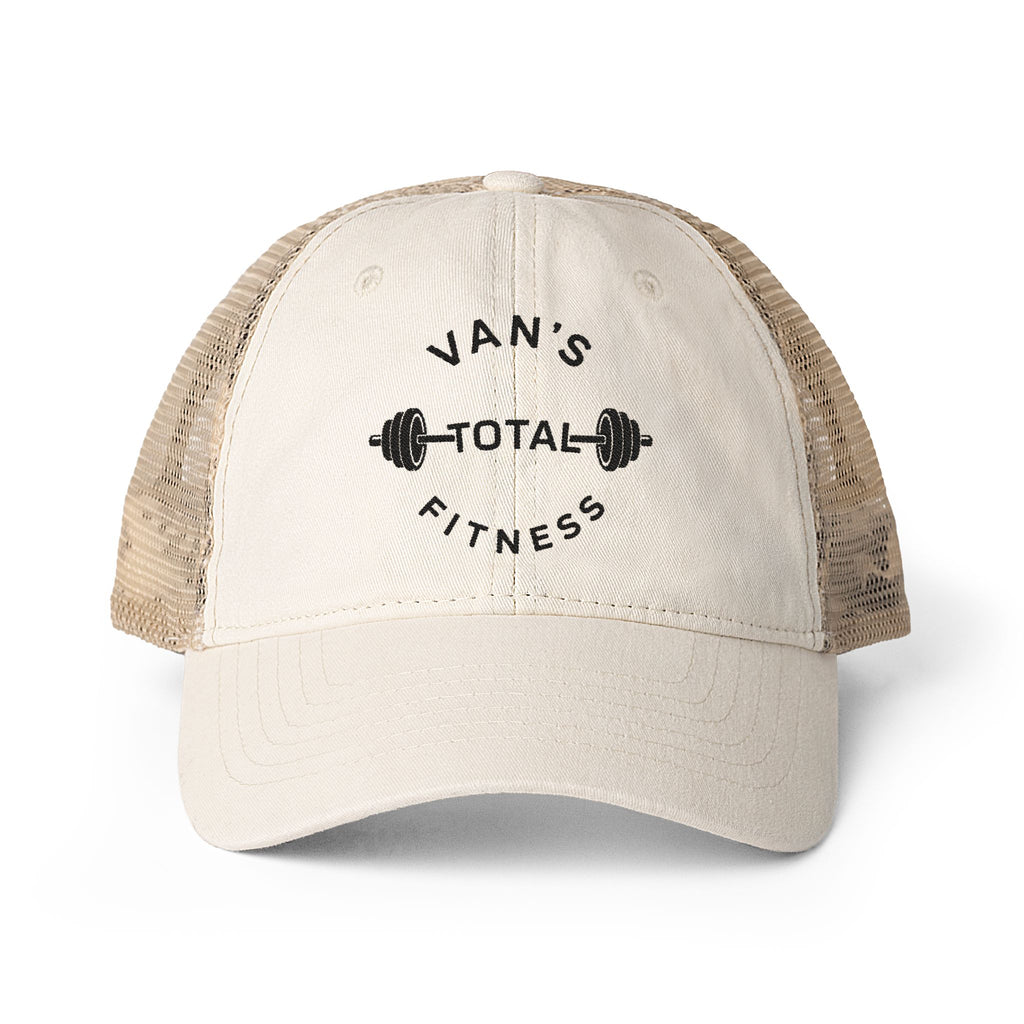 Embroidered "Van's Total Fitness" Barbell Washed Mesh-Ponytail Back Cap