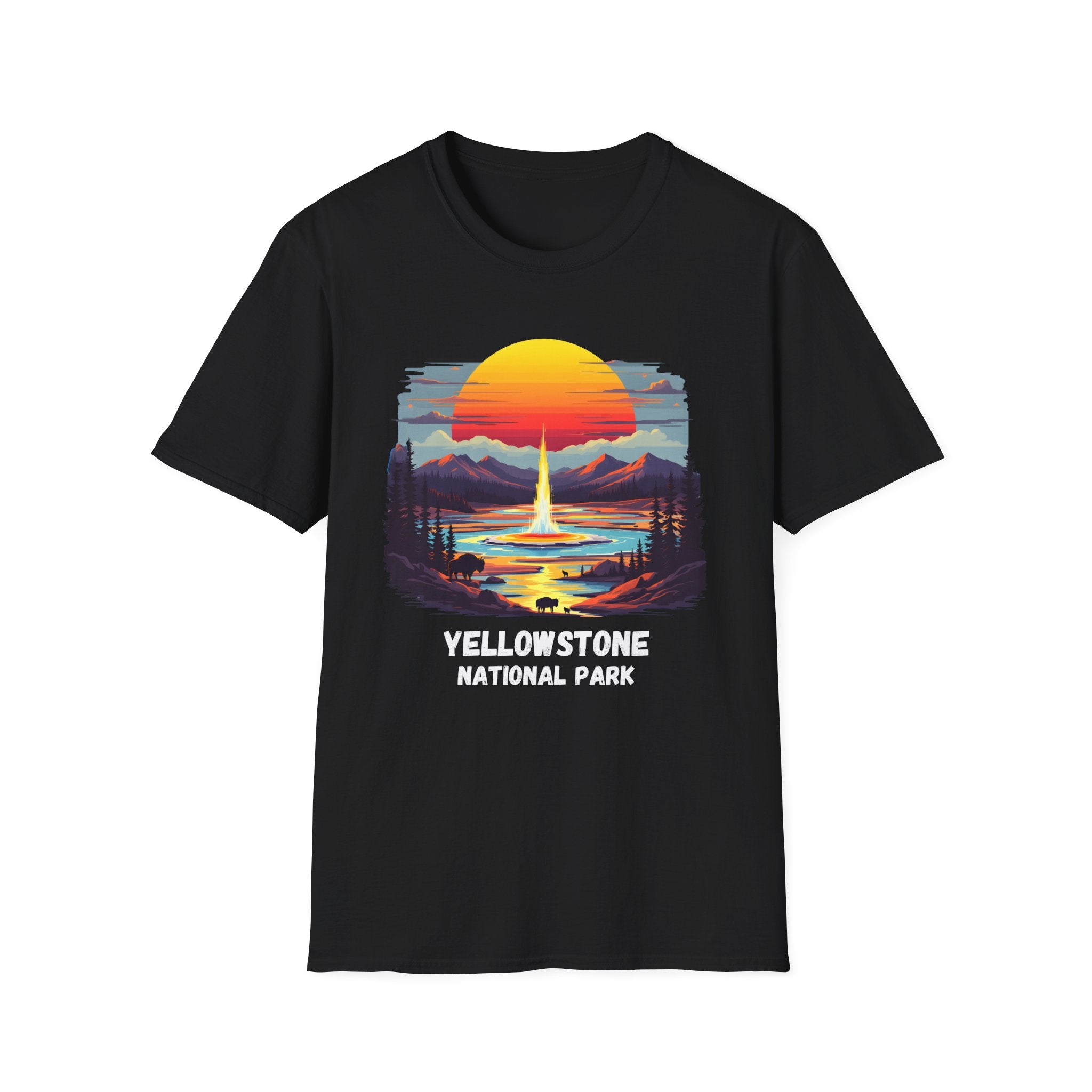 Yellowstone National Park T-Shirt — Retro Geyser Sunset Outdoor Tee