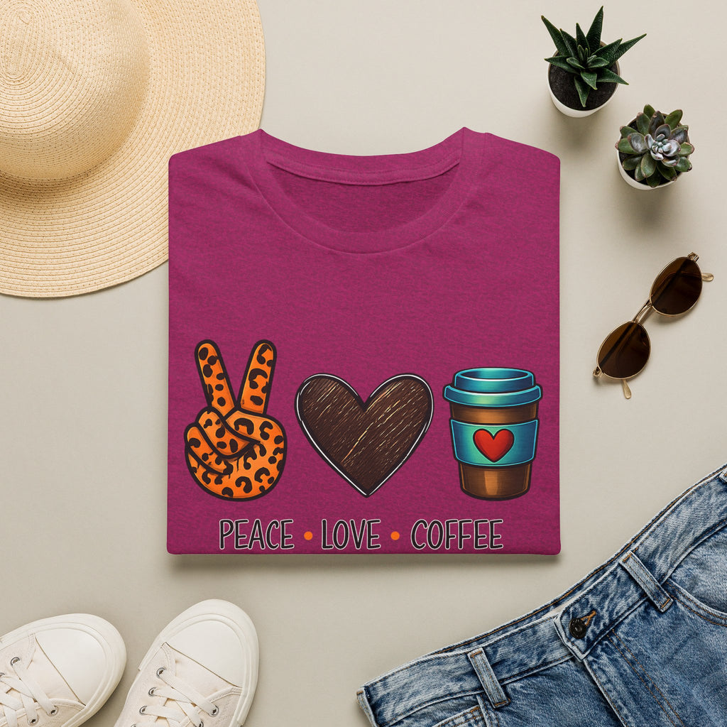 Peace Love Coffee T-Shirt — Retro Leopard Peace Sign & Heart Coffee Cup Tee