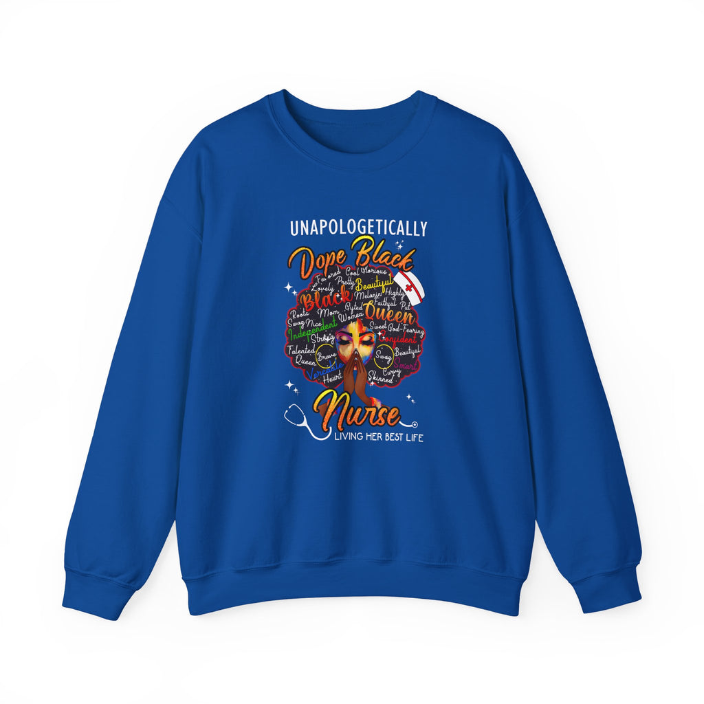 Dope Black Nurse Crewneck Sweatshirt – "Nurse Living Her Best Life" Graphic Black Afro