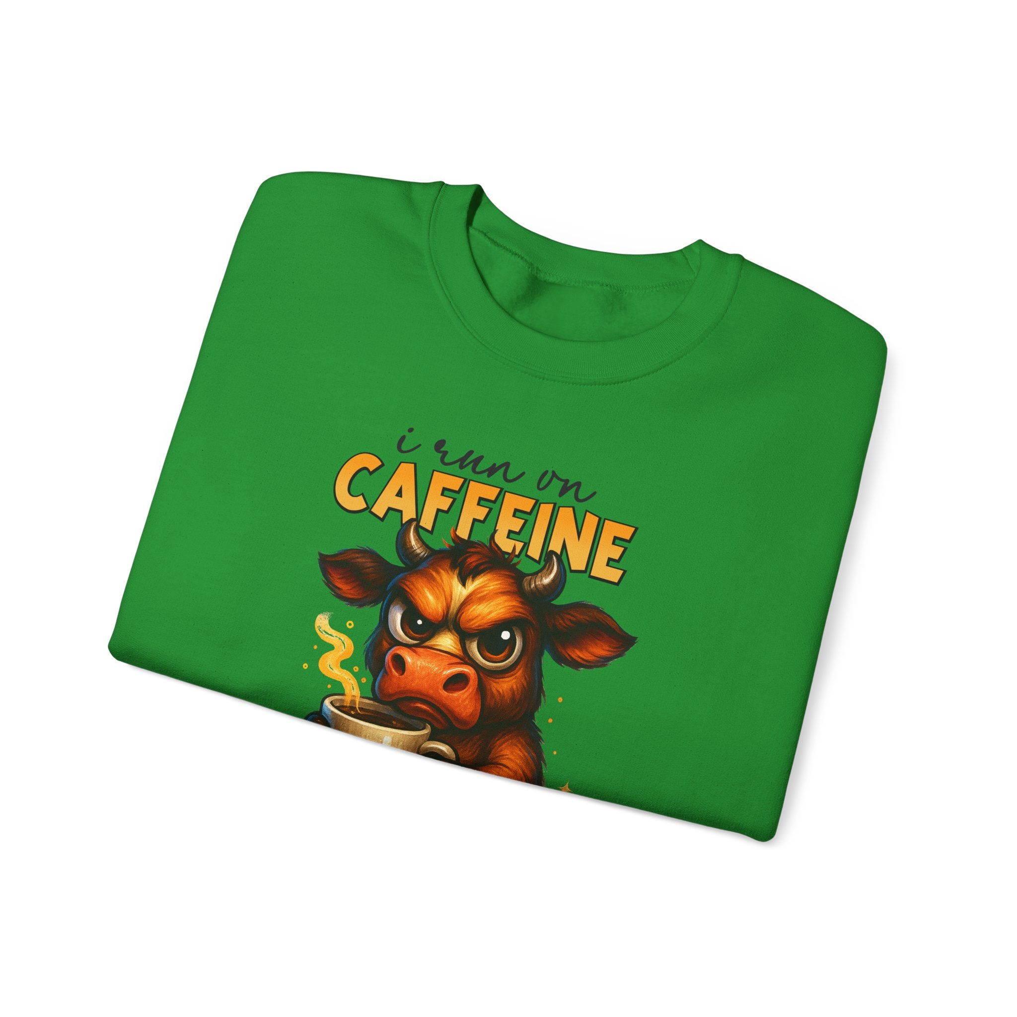 Caffeine-Fueled Cow Sweatshirt — "I Run on Caffeine and Questionable Decisions" Cozy Crewneck