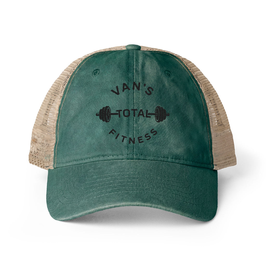 Embroidered "Van's Total Fitness" Barbell Washed Mesh-Ponytail Back Cap
