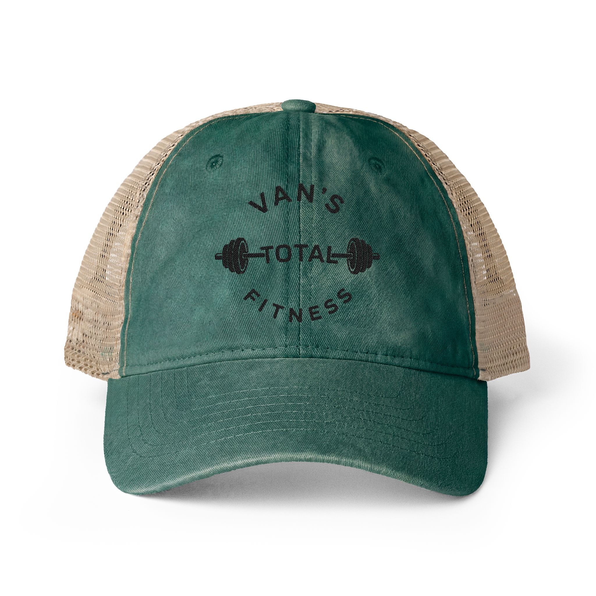 Embroidered "Van's Total Fitness" Barbell Washed Mesh-Ponytail Back Cap