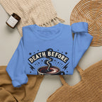 Crewneck Sweatshirt — "Death Before Decaf" Coffee Skull Graphic