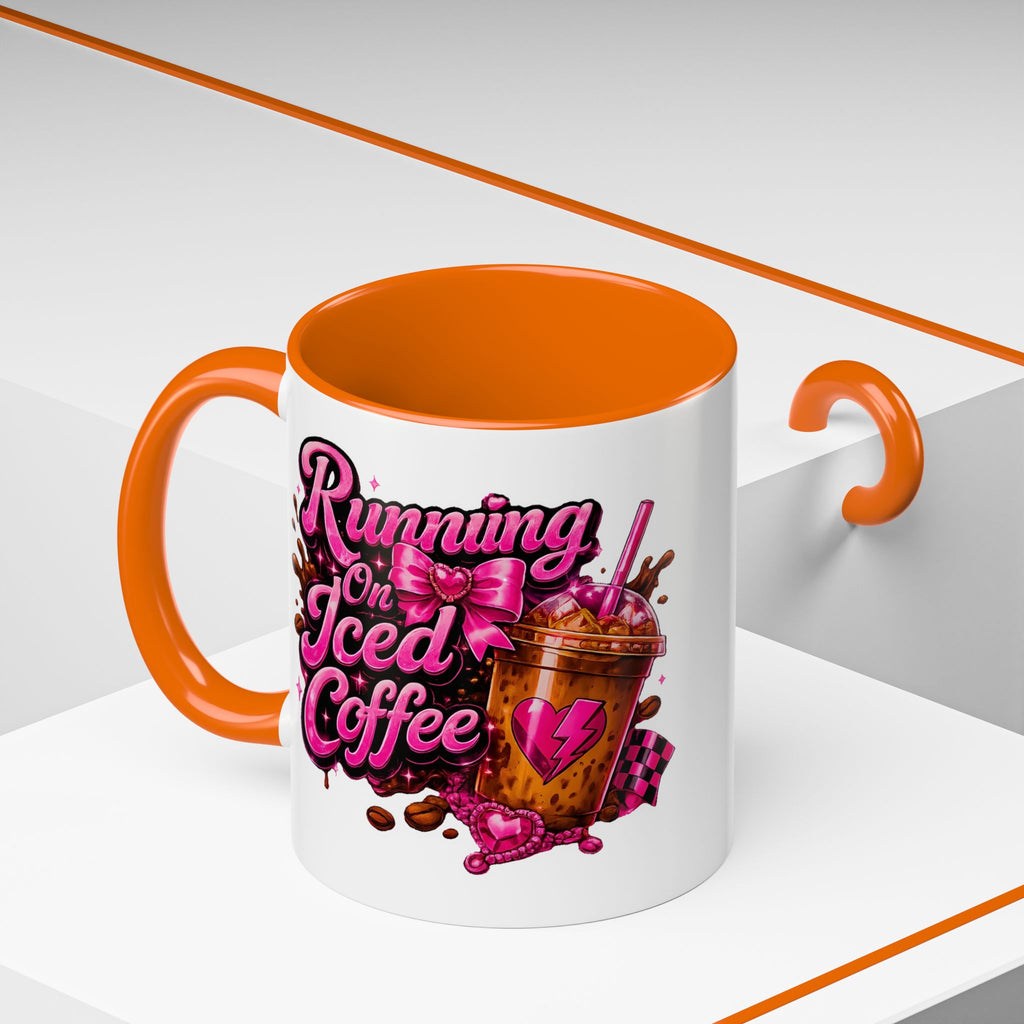 "Running on Iced Coffee" Pink Graphic Accent Mug (11/15oz) — Coffee Mug