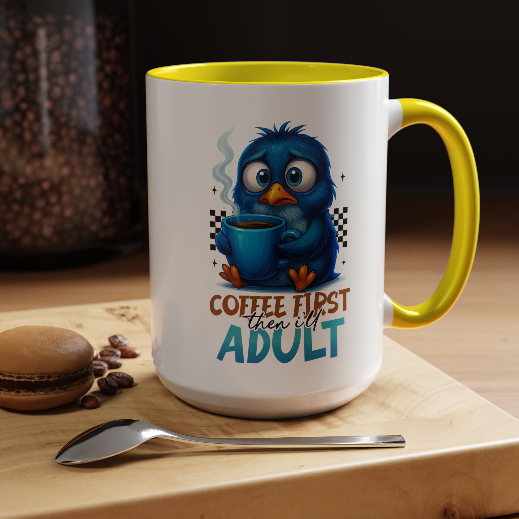 "Coffee First, Then I’ll Adult" Cute Blue Bird Accent Mug —  Coffee Mug