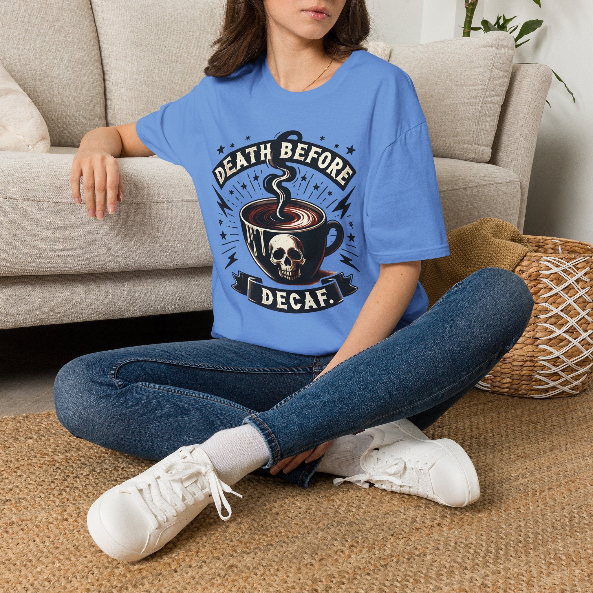 Death Before Decaf Coffee T-Shirt — Bold Skull Coffee Lover Tee