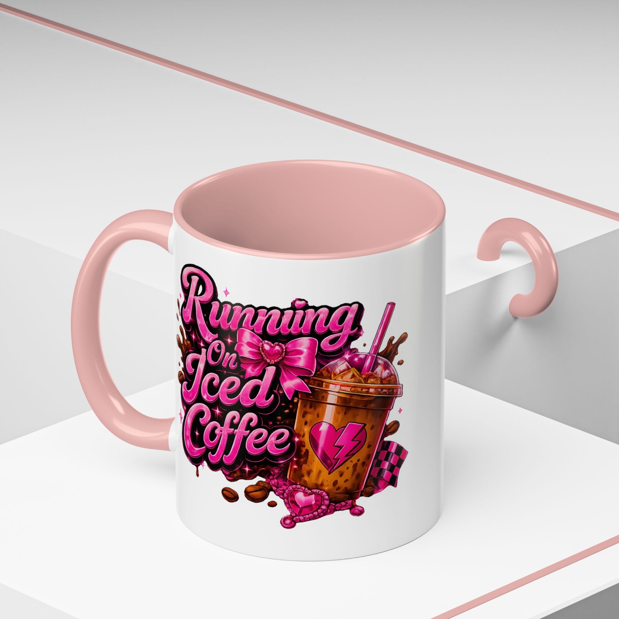"Running on Iced Coffee" Pink Graphic Accent Mug (11/15oz) — Coffee Mug