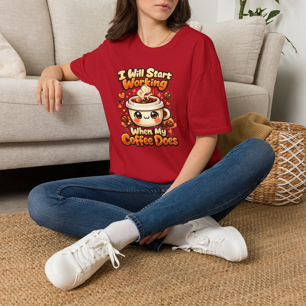“I Will Start Working When My Coffee Does” Cute Kawaii Coffee Shirt — Coffee T‑Shirt
