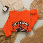 Crewneck Sweatshirt — "Death Before Decaf" Coffee Skull Graphic