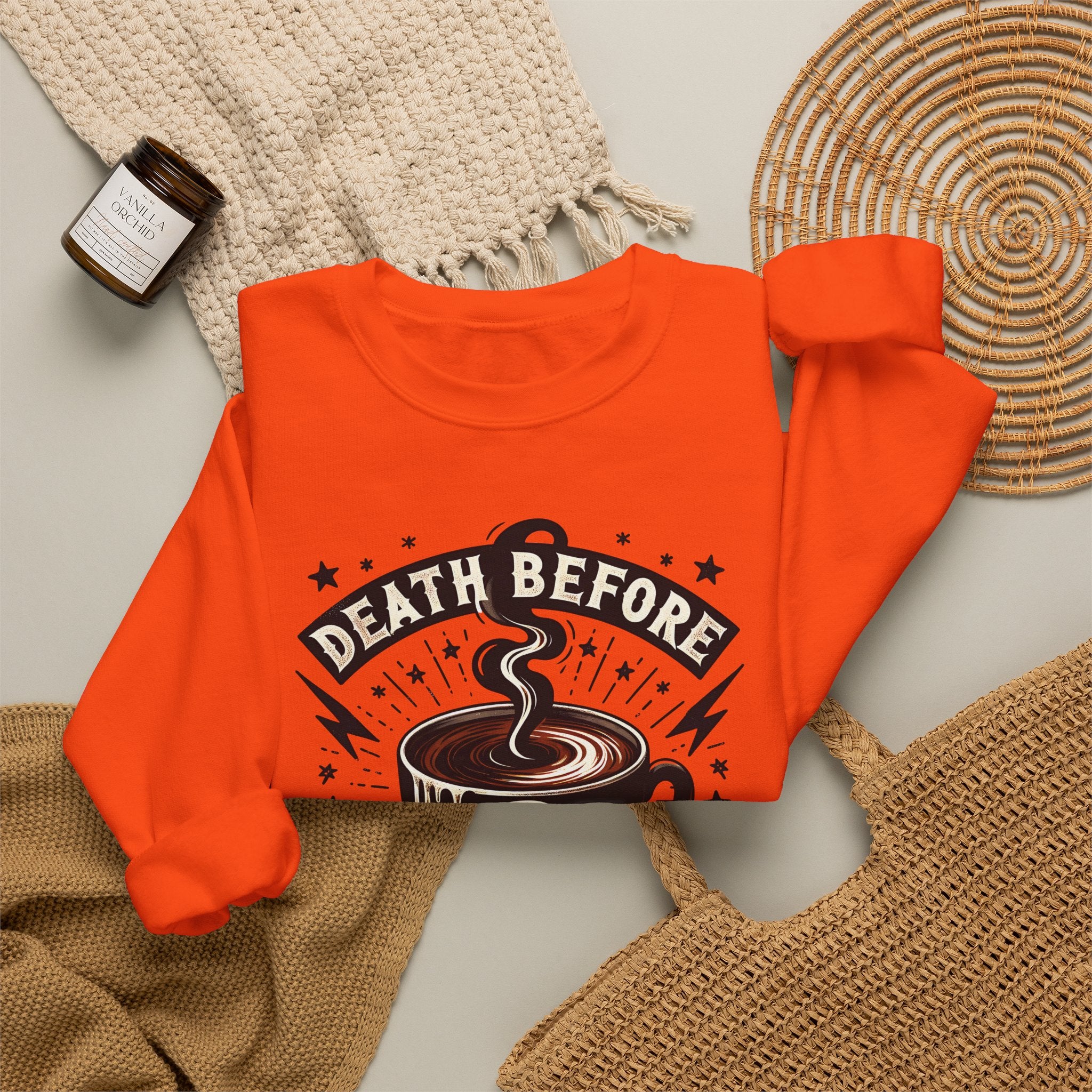 Crewneck Sweatshirt — "Death Before Decaf" Coffee Skull Graphic