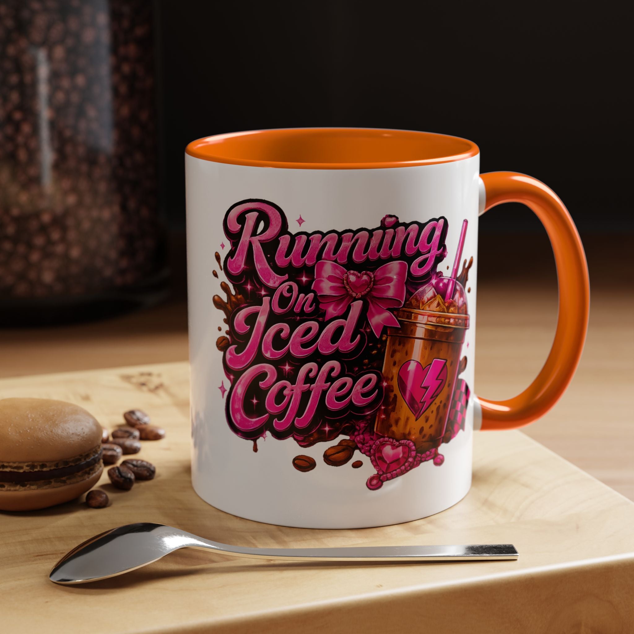 "Running on Iced Coffee" Pink Graphic Accent Mug (11/15oz) — Coffee Mug