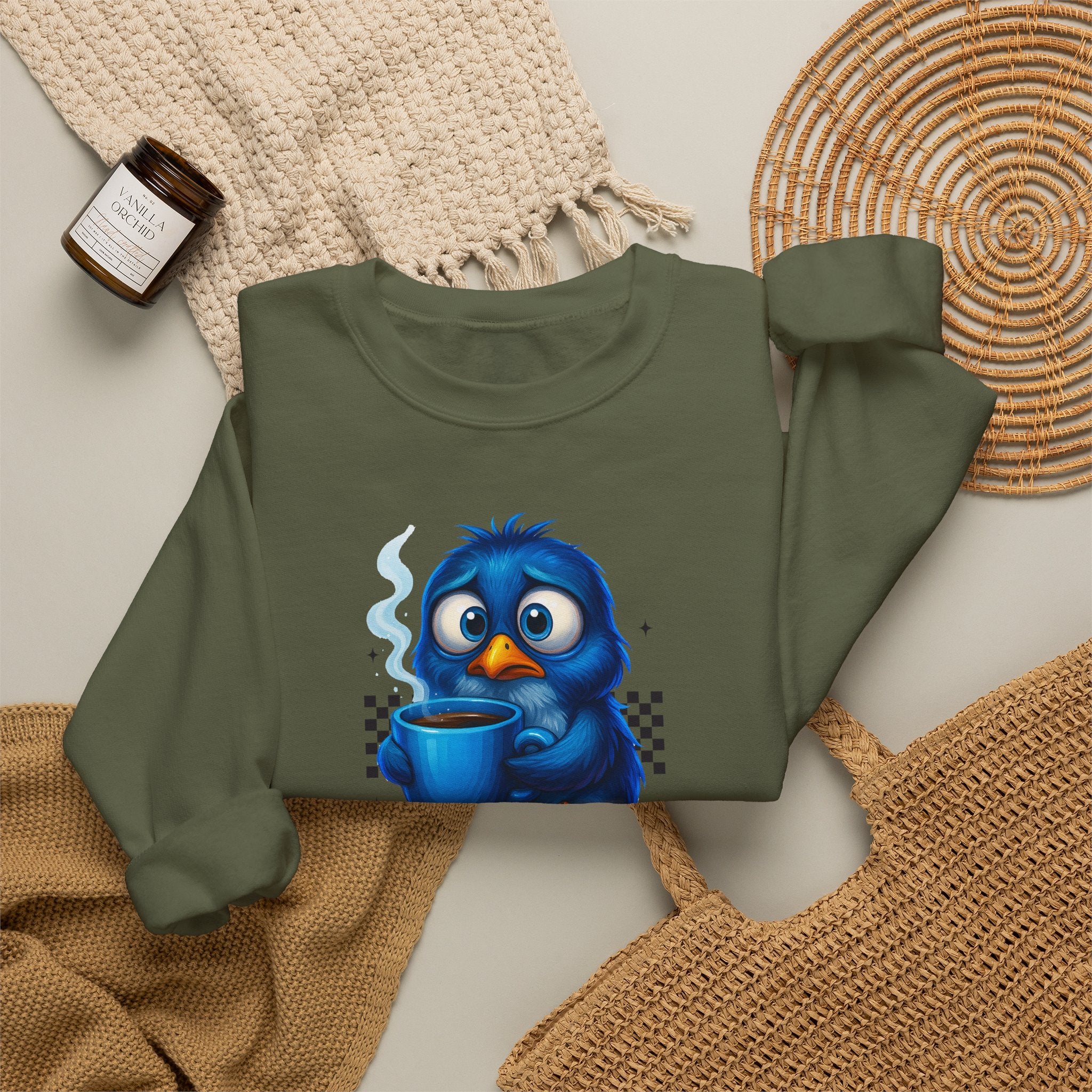 Coffee First Adult Sweatshirt — Cute Blue Bird Coffee Crewneck