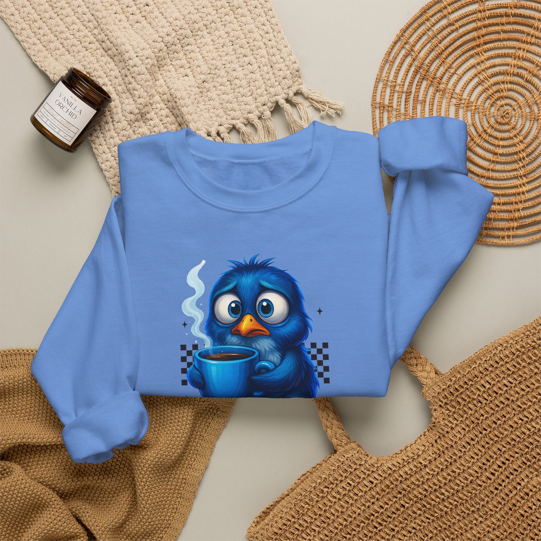 Coffee First Adult Sweatshirt — Cute Blue Bird Coffee Crewneck