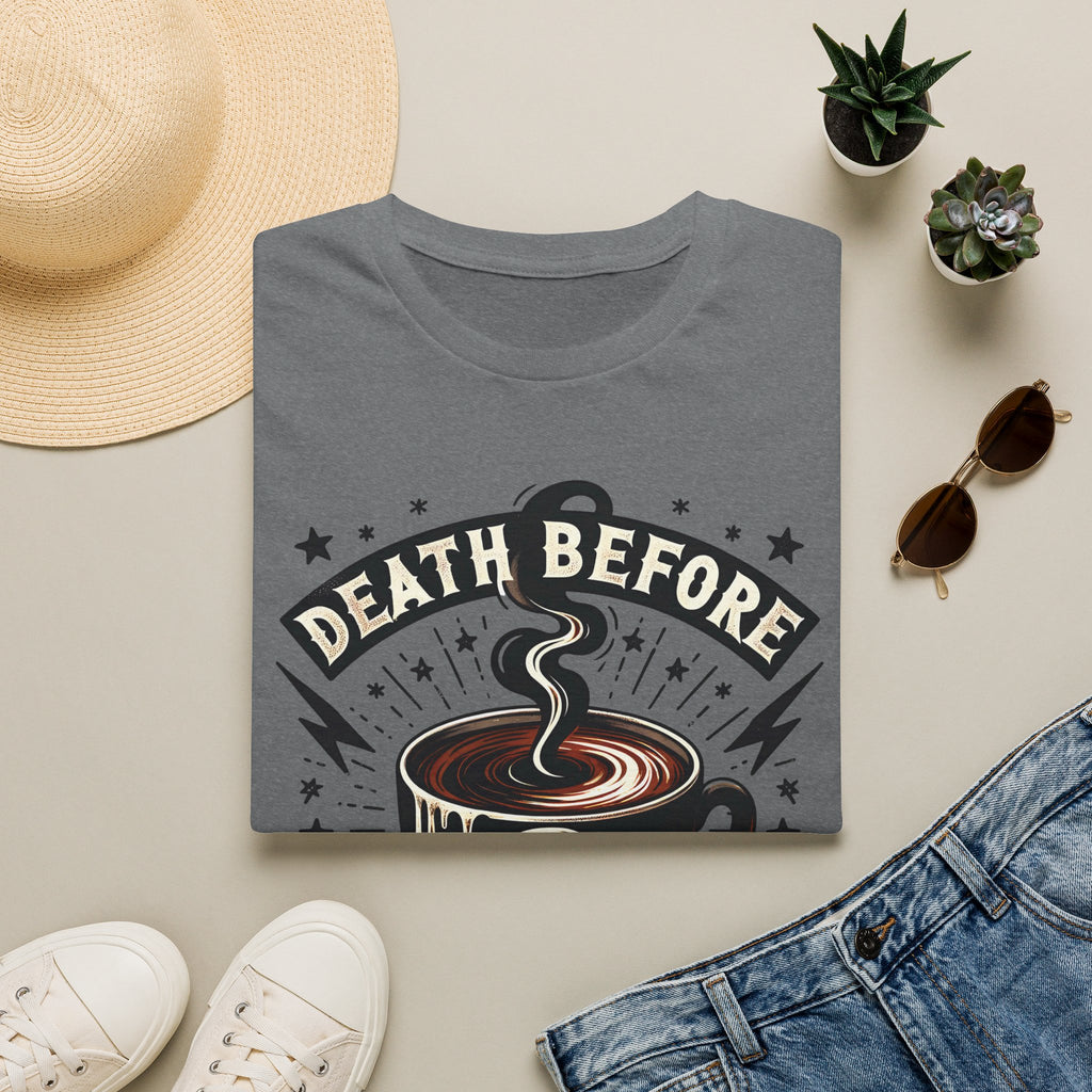 Death Before Decaf Coffee T-Shirt — Bold Skull Coffee Lover Tee