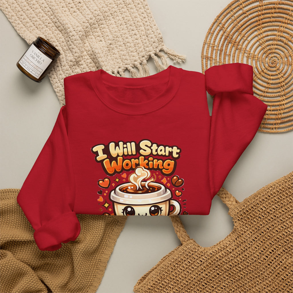 "I Will Start Working When My Coffee Does" Cute Kawaii Crewneck — Coffee Sweatshirt