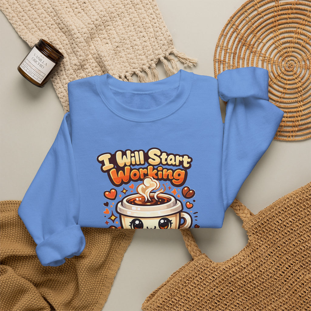 "I Will Start Working When My Coffee Does" Cute Kawaii Crewneck — Coffee Sweatshirt