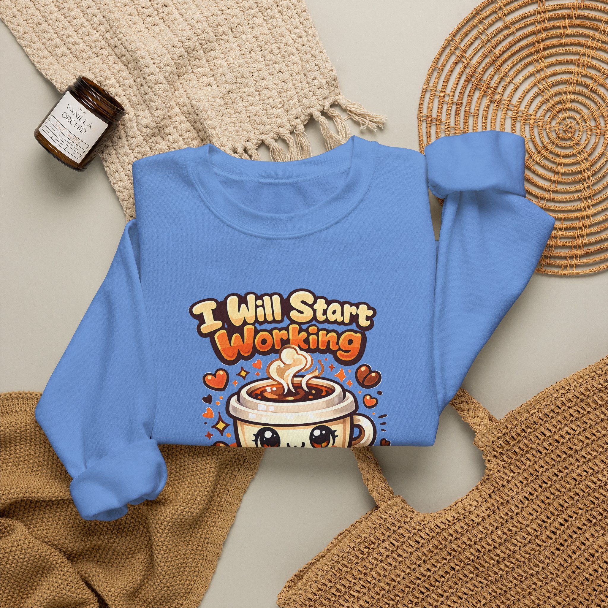 "I Will Start Working When My Coffee Does" Cute Kawaii Crewneck — Coffee Sweatshirt