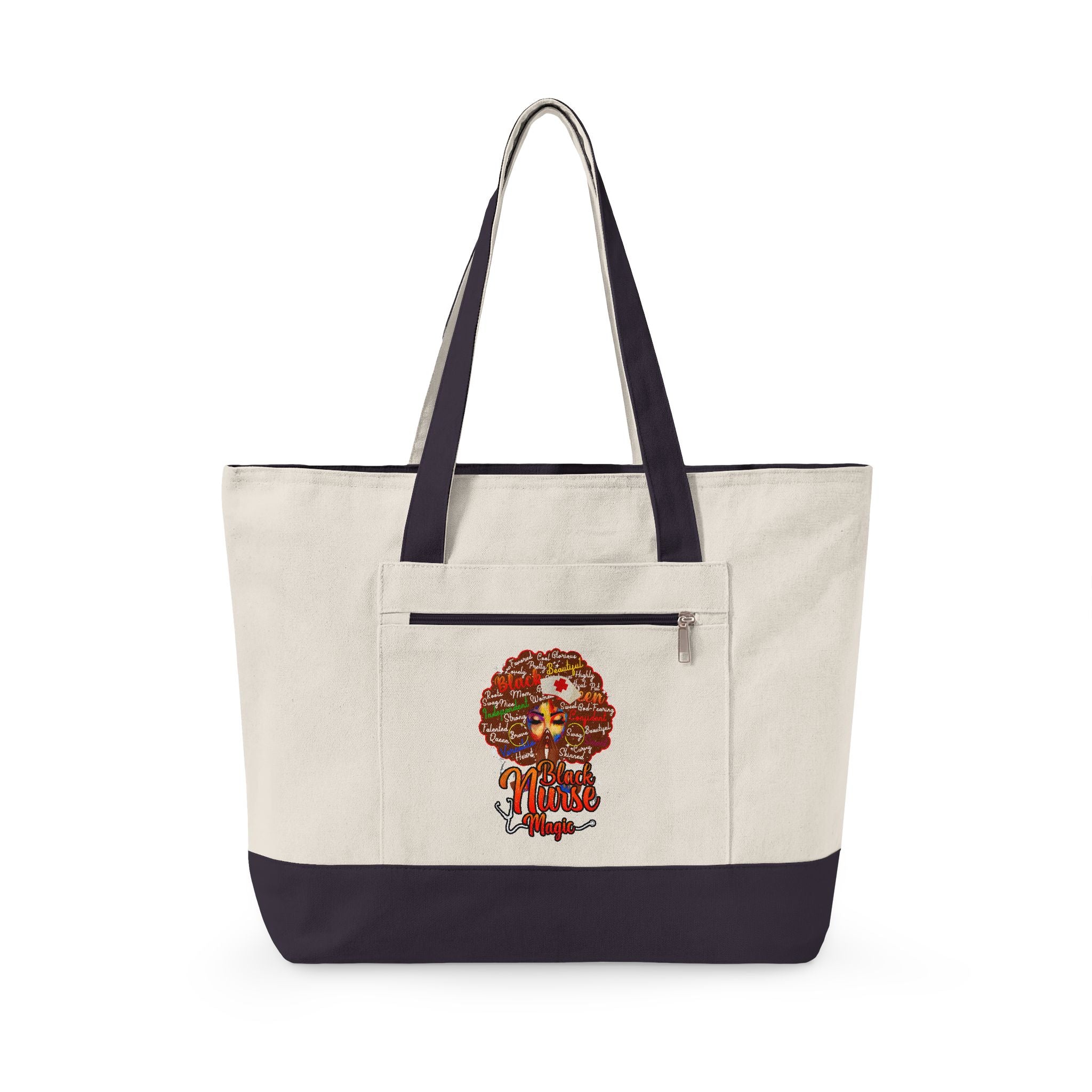 Black Nurse Magic w/Brown Afro Canvas Tote — Zippered Floral Calavera Bag