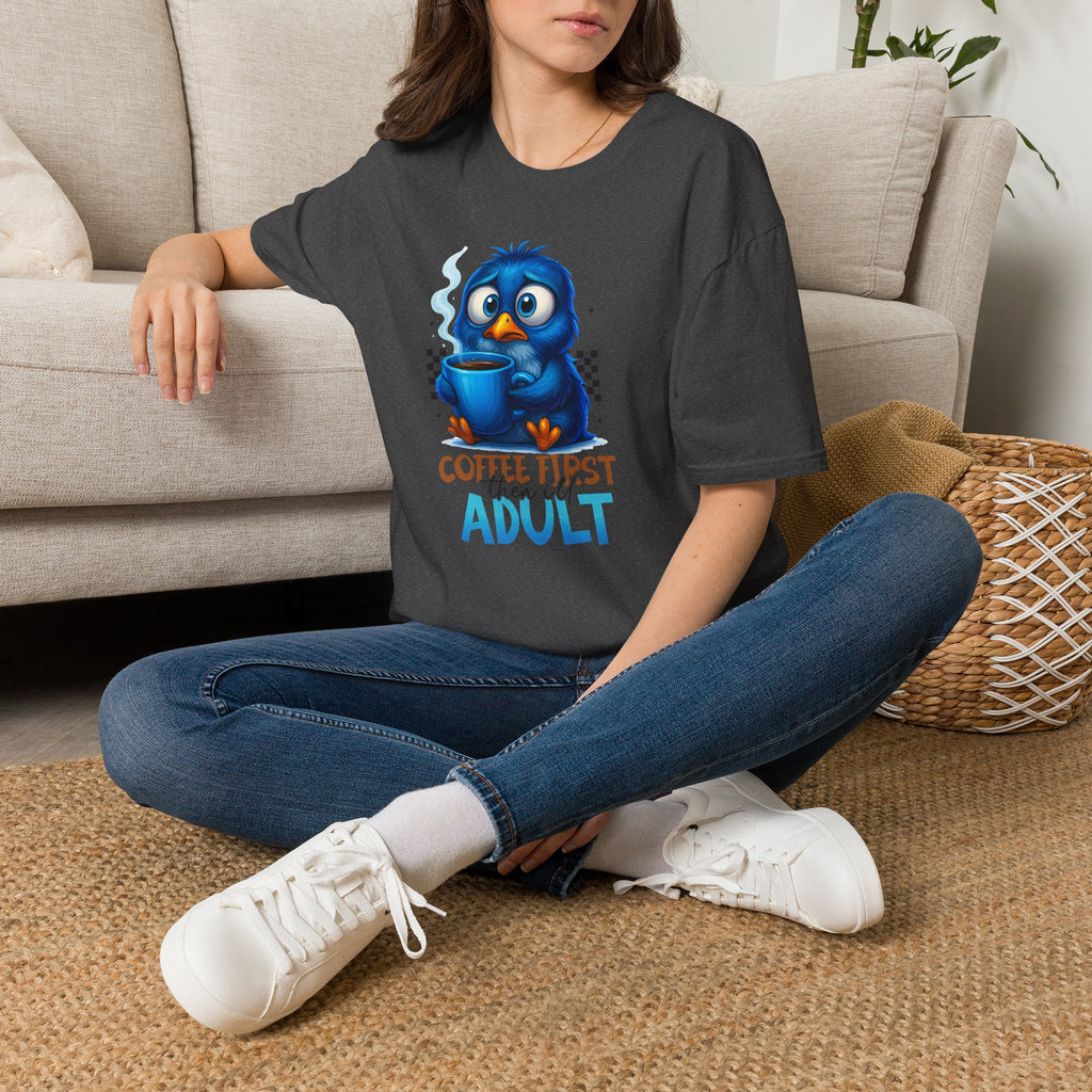 Cute Blue Bird 'Coffee First Adult' Graphic Tee — T-Shirt