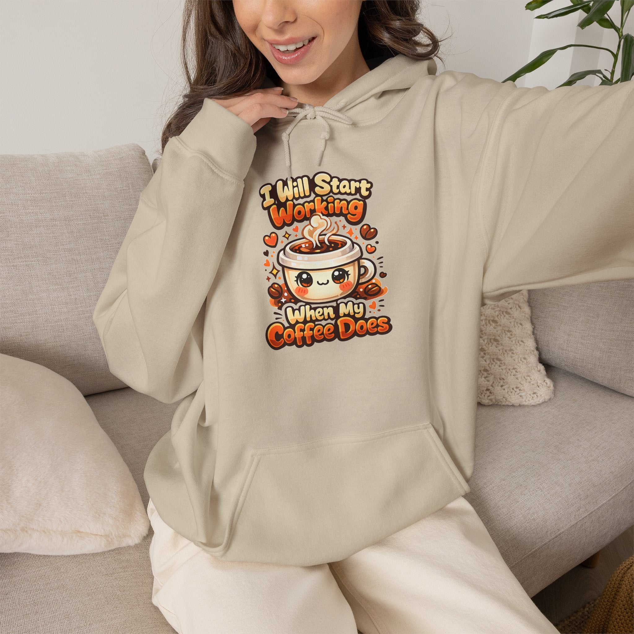 "I Will Start Working When My Coffee Does" Cute Autumn Coffee Lover Hoodie — Coffee Hoodie