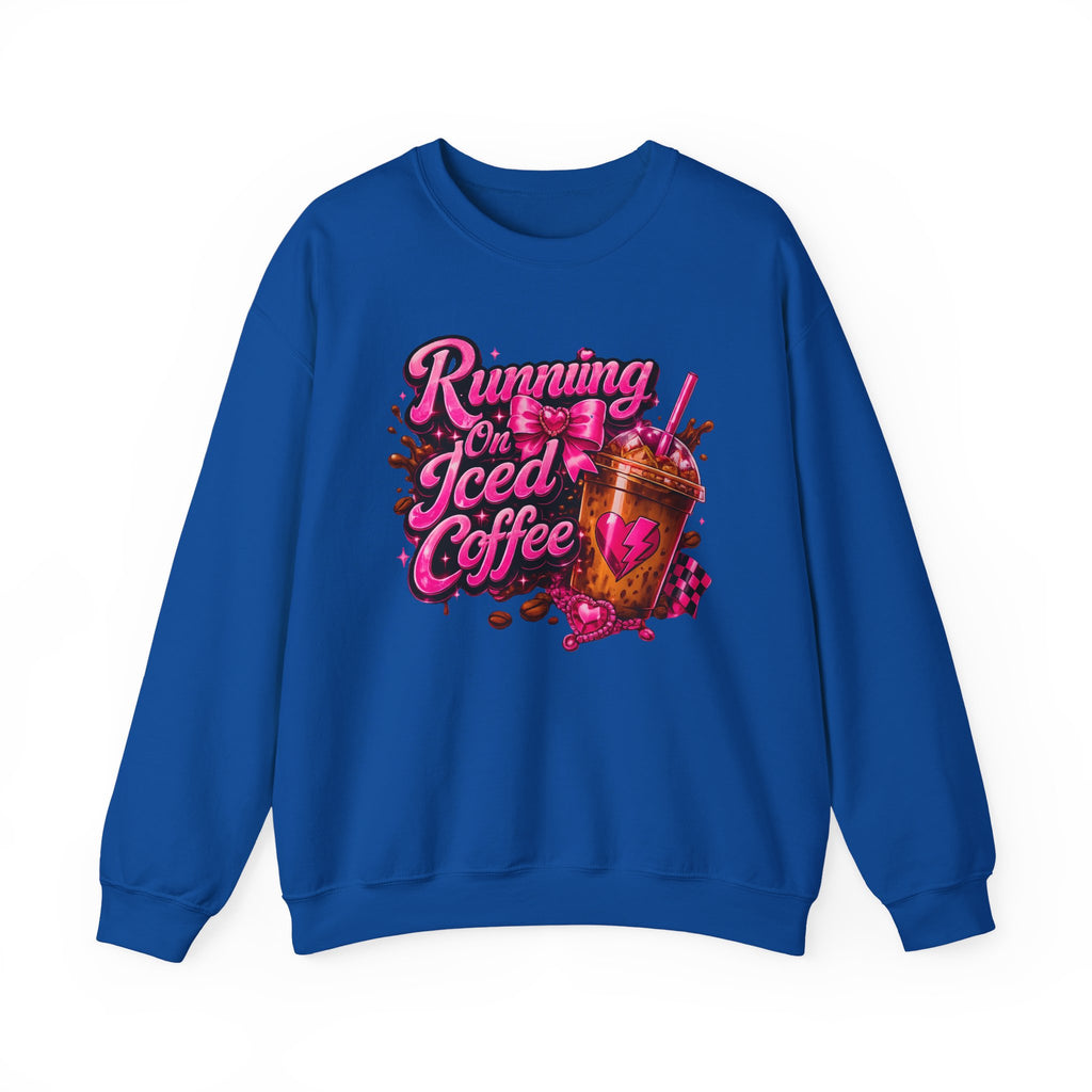 "Running On Iced Coffee" Graphic Cozy Coffee Lover — Pullover Crewneck Sweatshirt