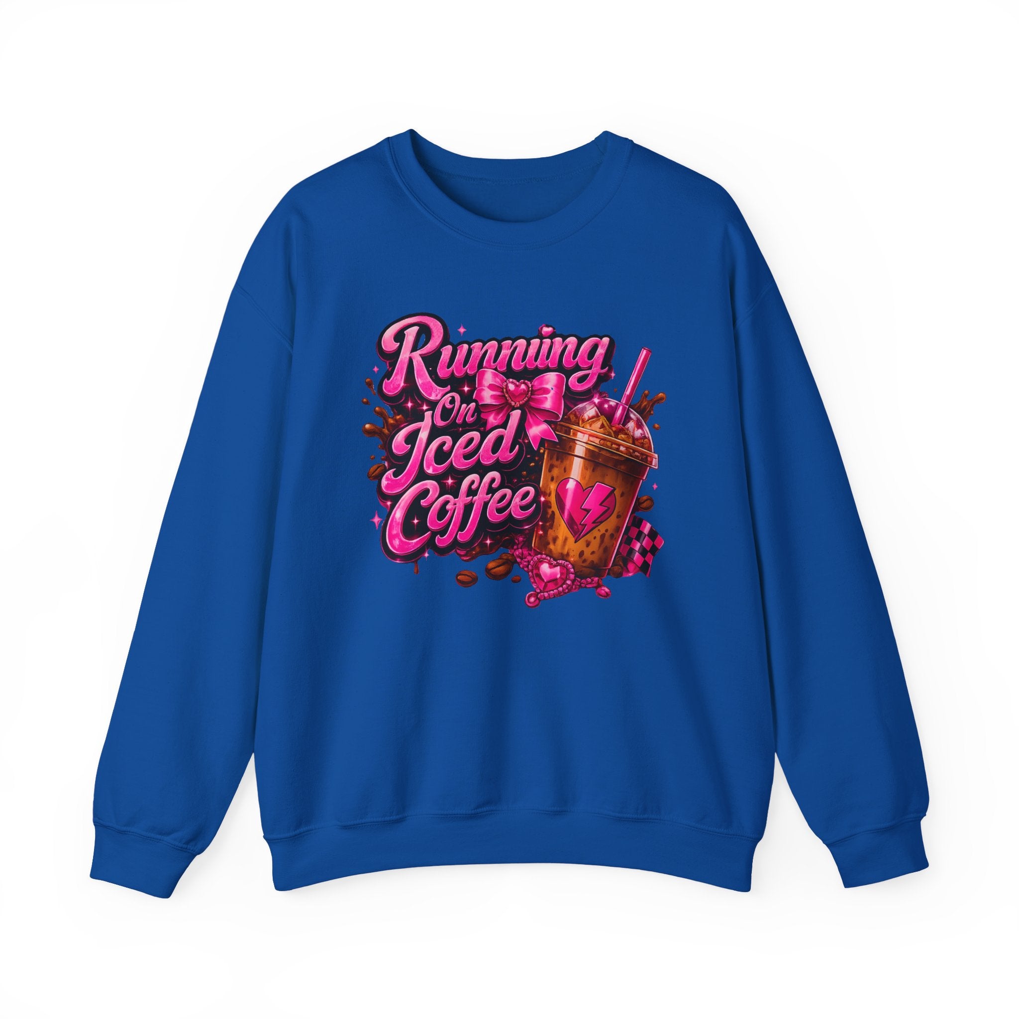"Running On Iced Coffee" Graphic Cozy Coffee Lover — Pullover Crewneck Sweatshirt