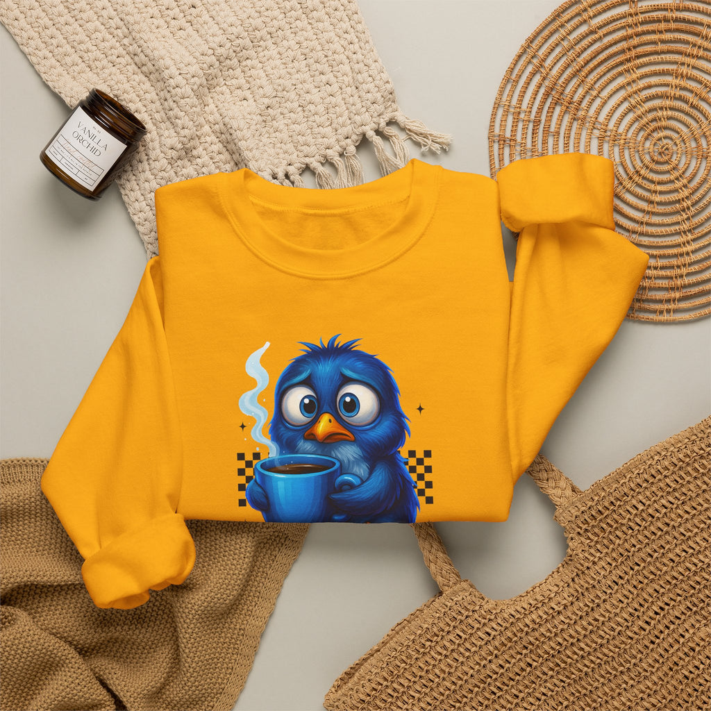 Coffee First Adult Sweatshirt — Cute Blue Bird Coffee Crewneck