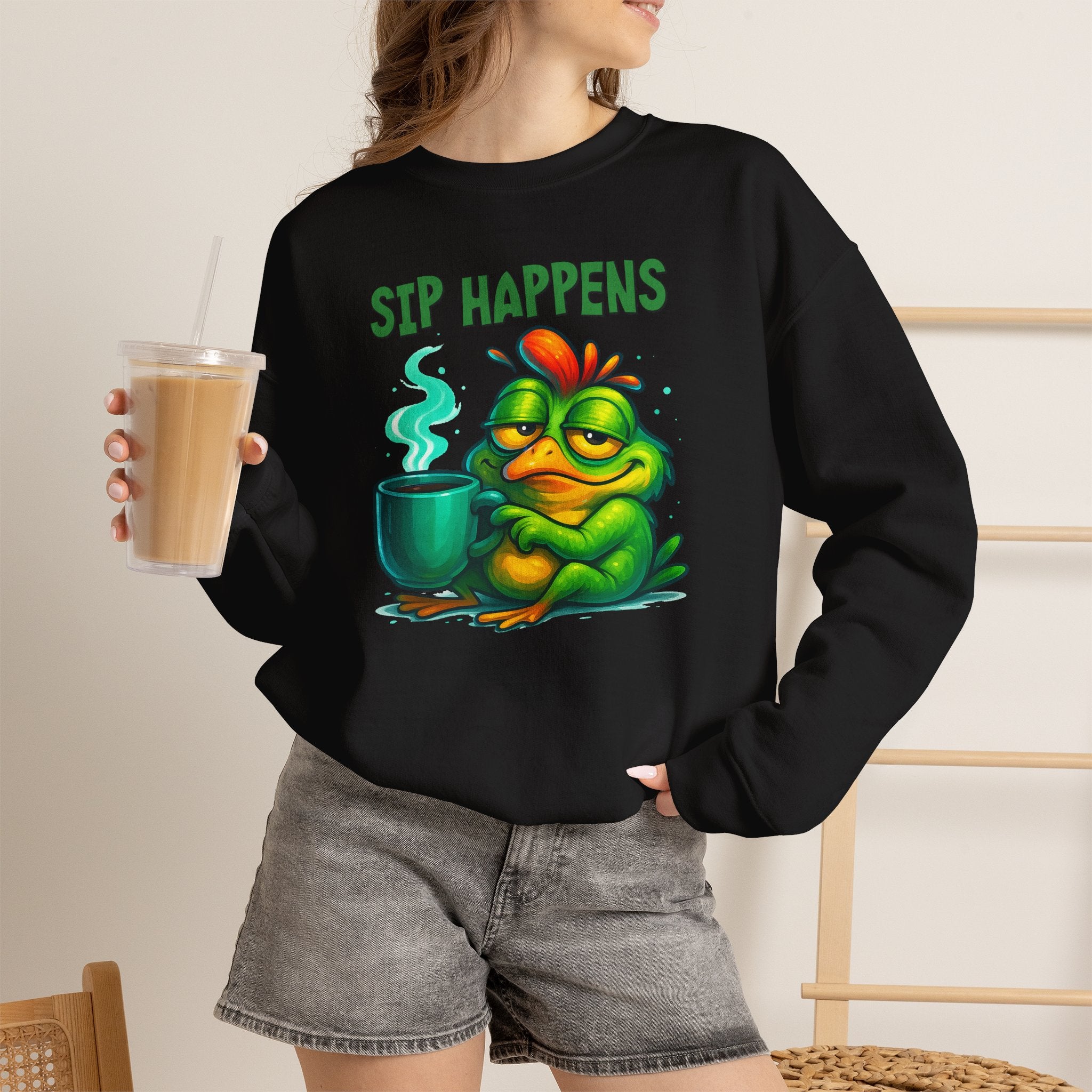 Sip Happens Sweatshirt — Funny Frog Coffee Crewneck