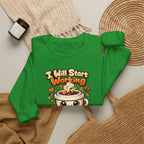 "I Will Start Working When My Coffee Does" Cute Kawaii Crewneck — Coffee Sweatshirt
