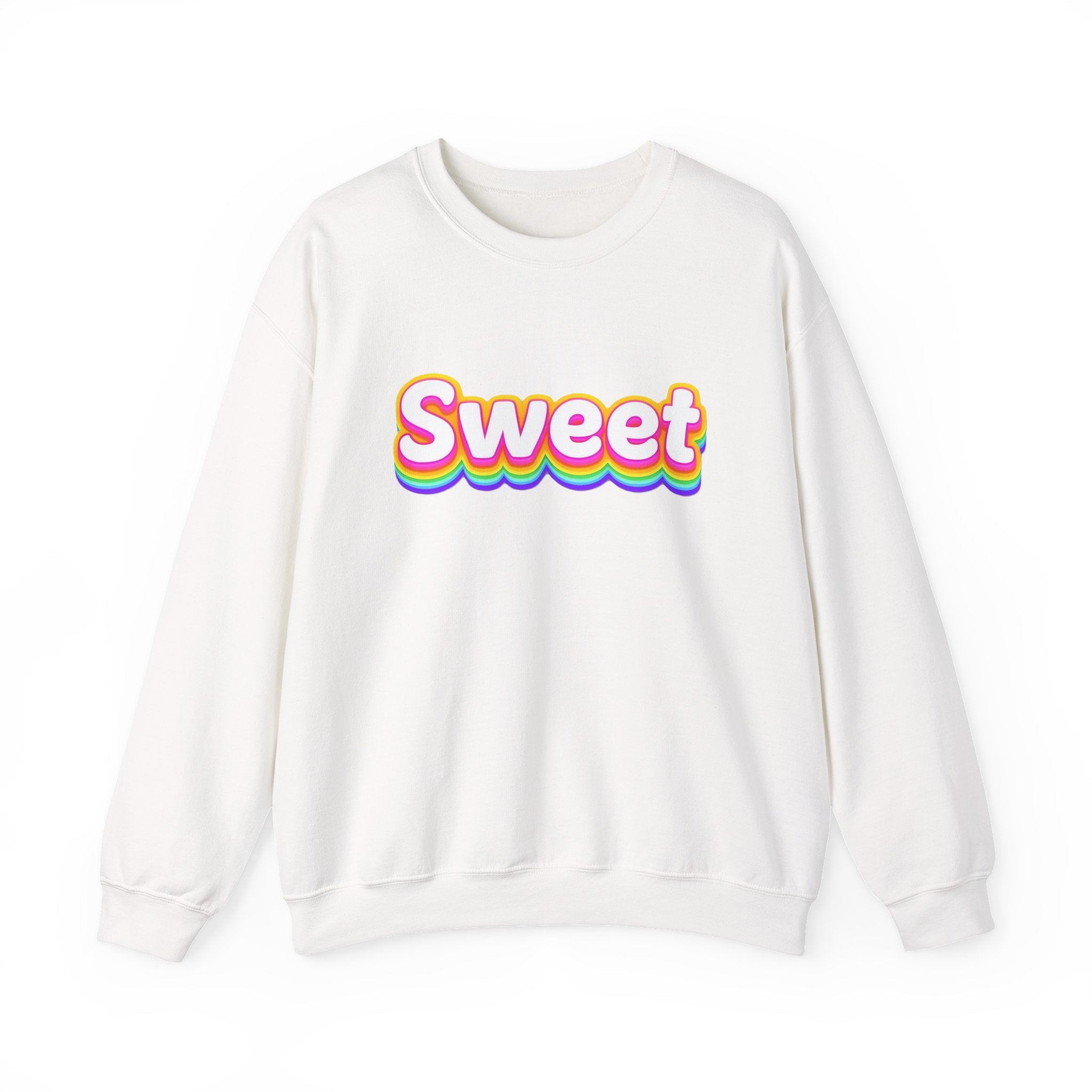 Sweet Rainbow Crewneck Sweatshirt — Retro Colorful "Sweet" Graphic