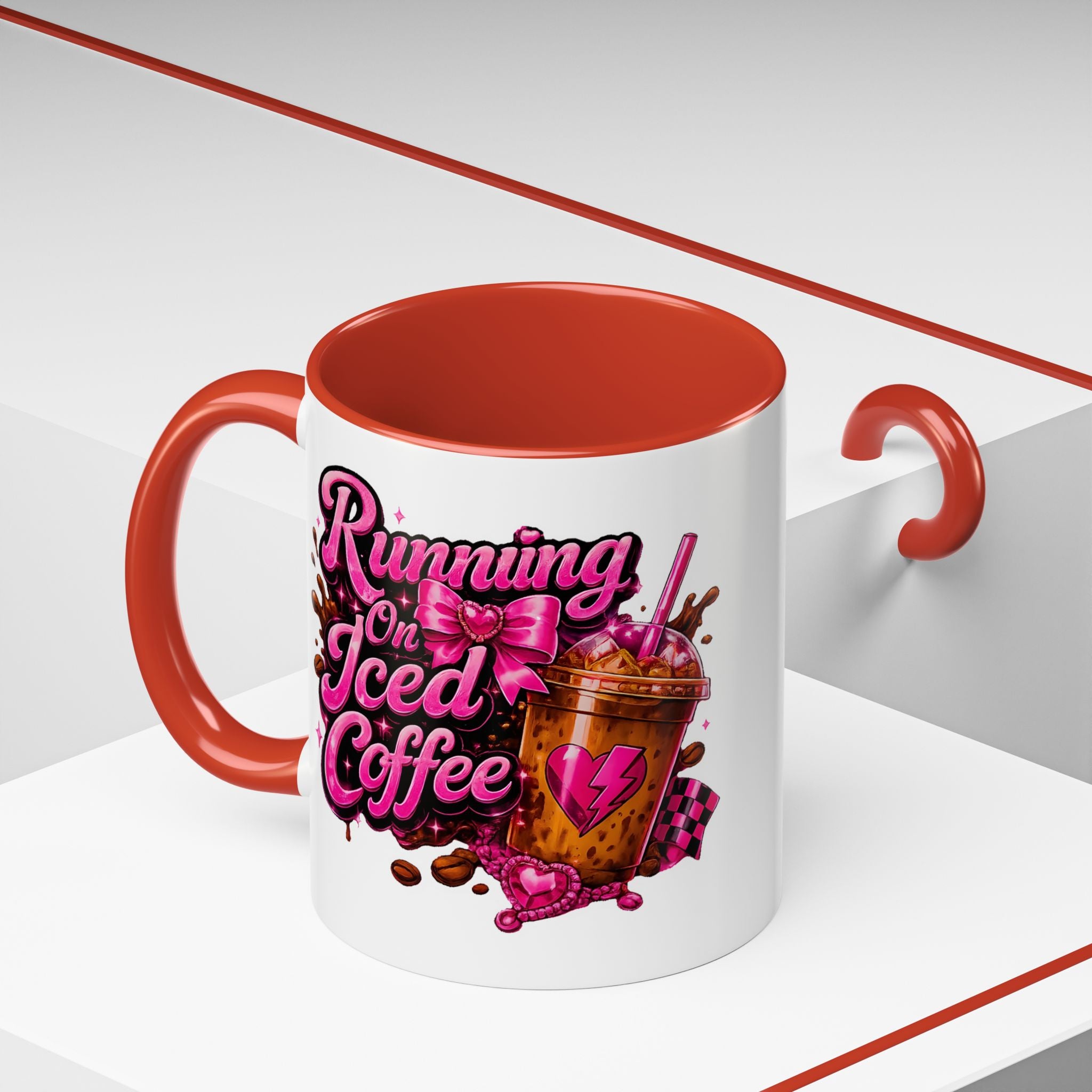 "Running on Iced Coffee" Pink Graphic Accent Mug (11/15oz) — Coffee Mug