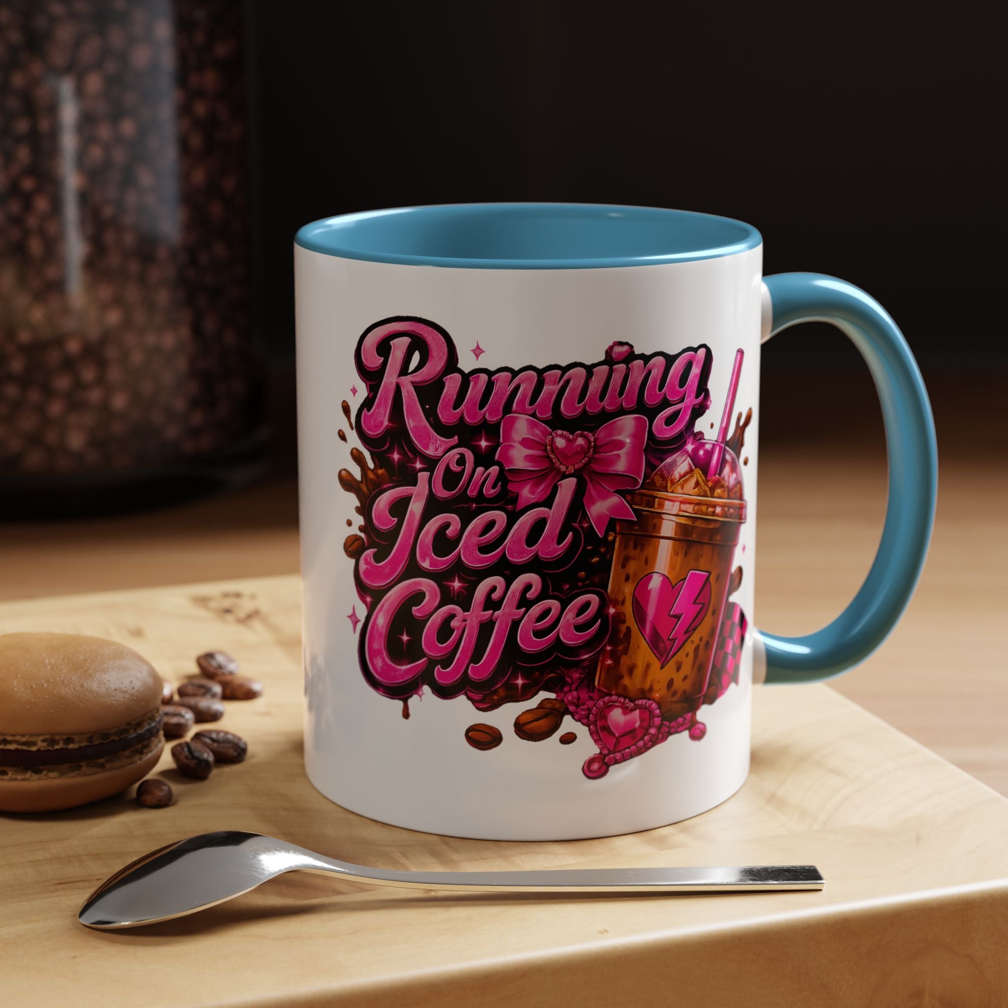 "Running on Iced Coffee" Pink Graphic Accent Mug (11/15oz) — Coffee Mug