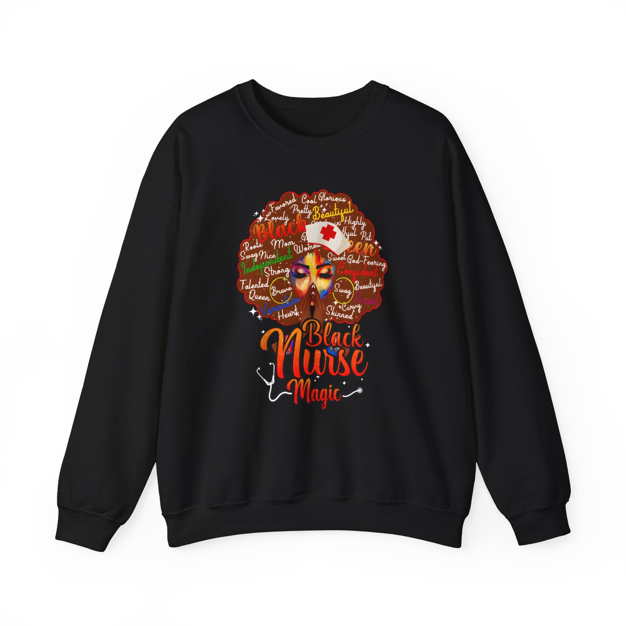 Black Nurse Magic Crewneck Sweatshirt — Brown Afro Nurse Heartbeat Design