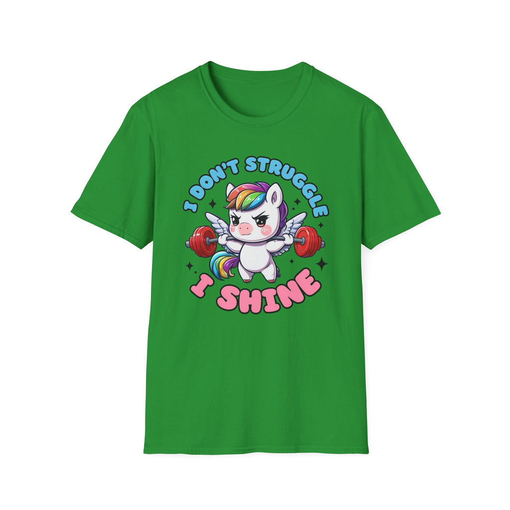 I Don’t Struggle I Shine Unicorn T-Shirt — Cute Rainbow Weightlifting Motivational Tee