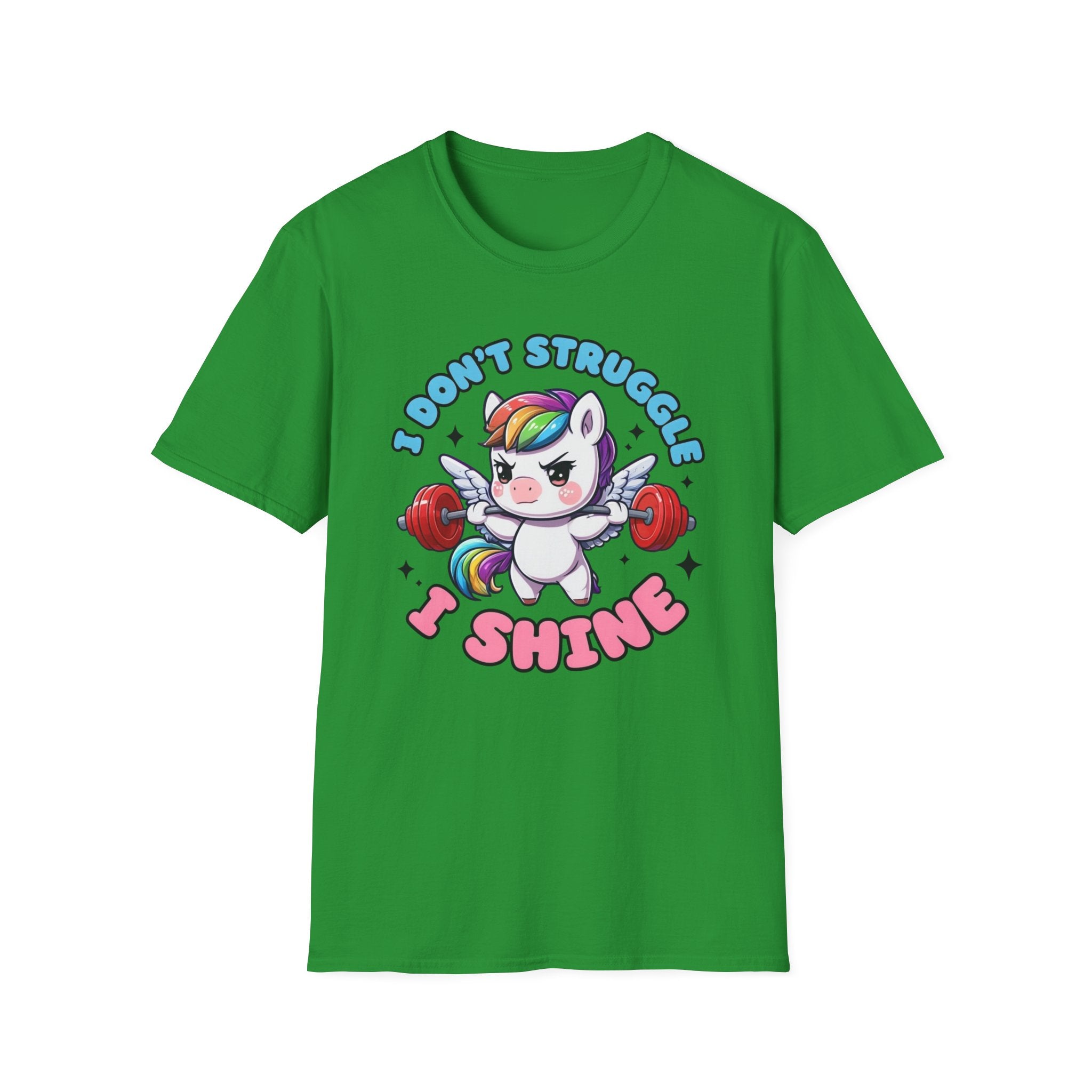 I Don’t Struggle I Shine Unicorn T-Shirt — Cute Rainbow Weightlifting Motivational Tee