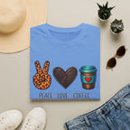 Peace Love Coffee T-Shirt — Retro Leopard Peace Sign & Heart Coffee Cup Tee