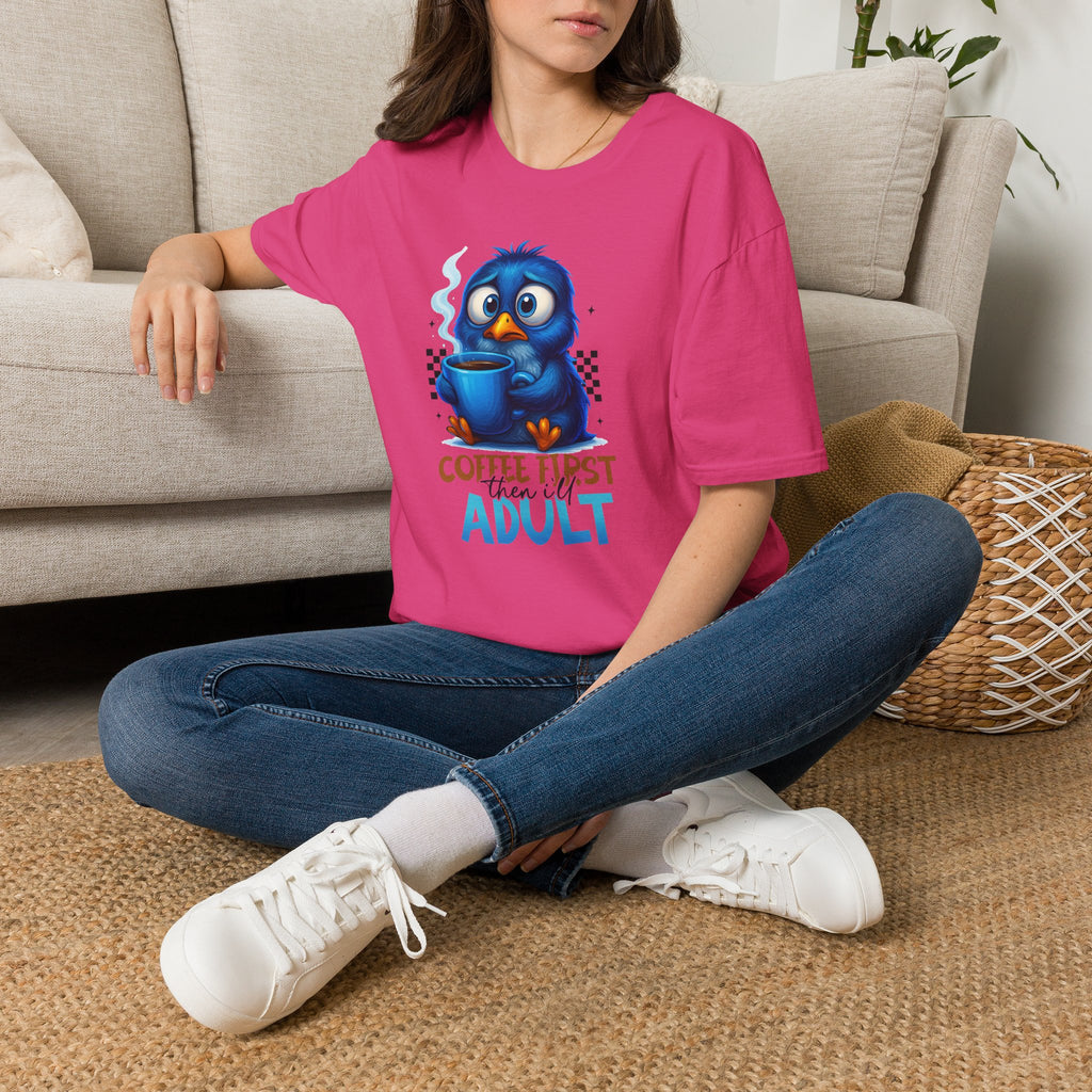 Cute Blue Bird 'Coffee First Adult' Graphic Tee — T-Shirt