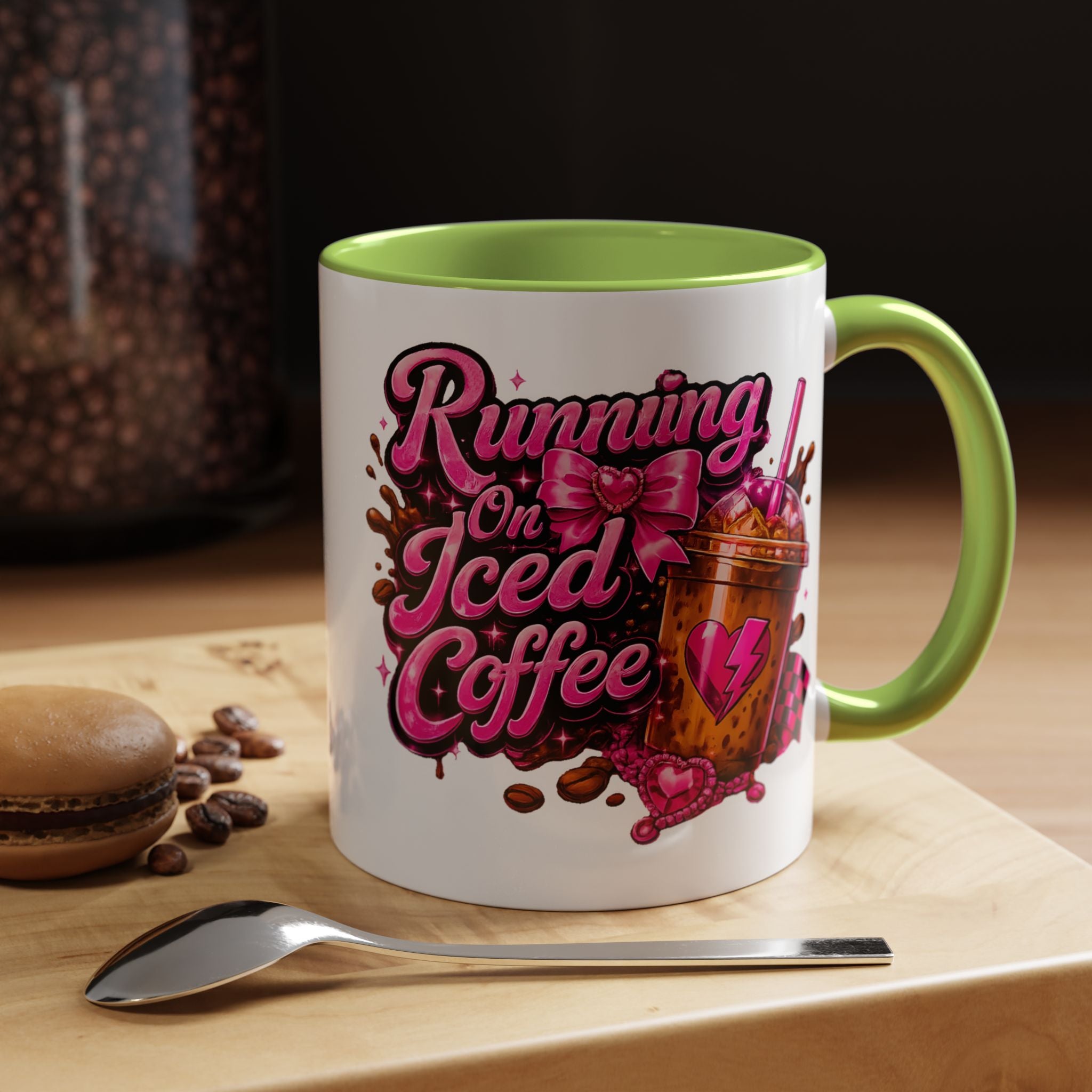 "Running on Iced Coffee" Pink Graphic Accent Mug (11/15oz) — Coffee Mug