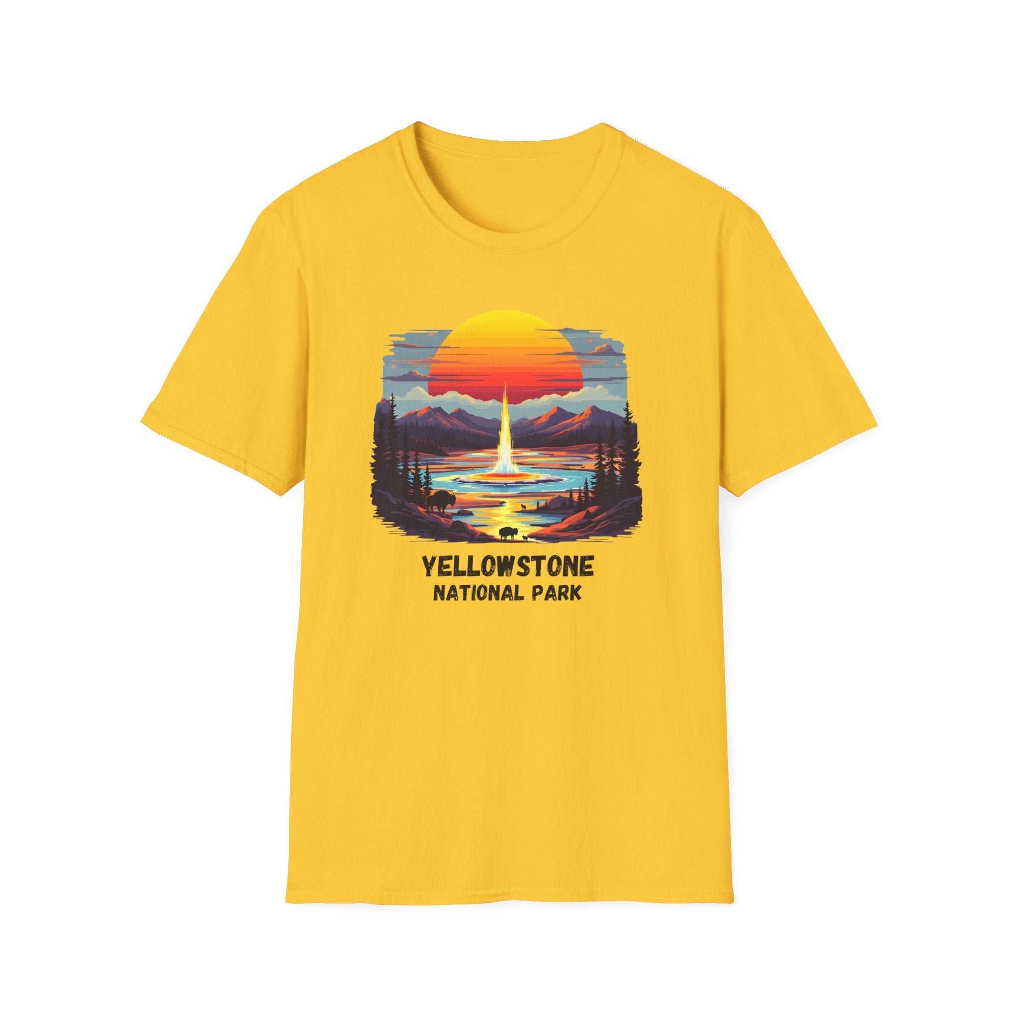 Yellowstone National Park T-Shirt — Retro Geyser Sunset Outdoor Tee