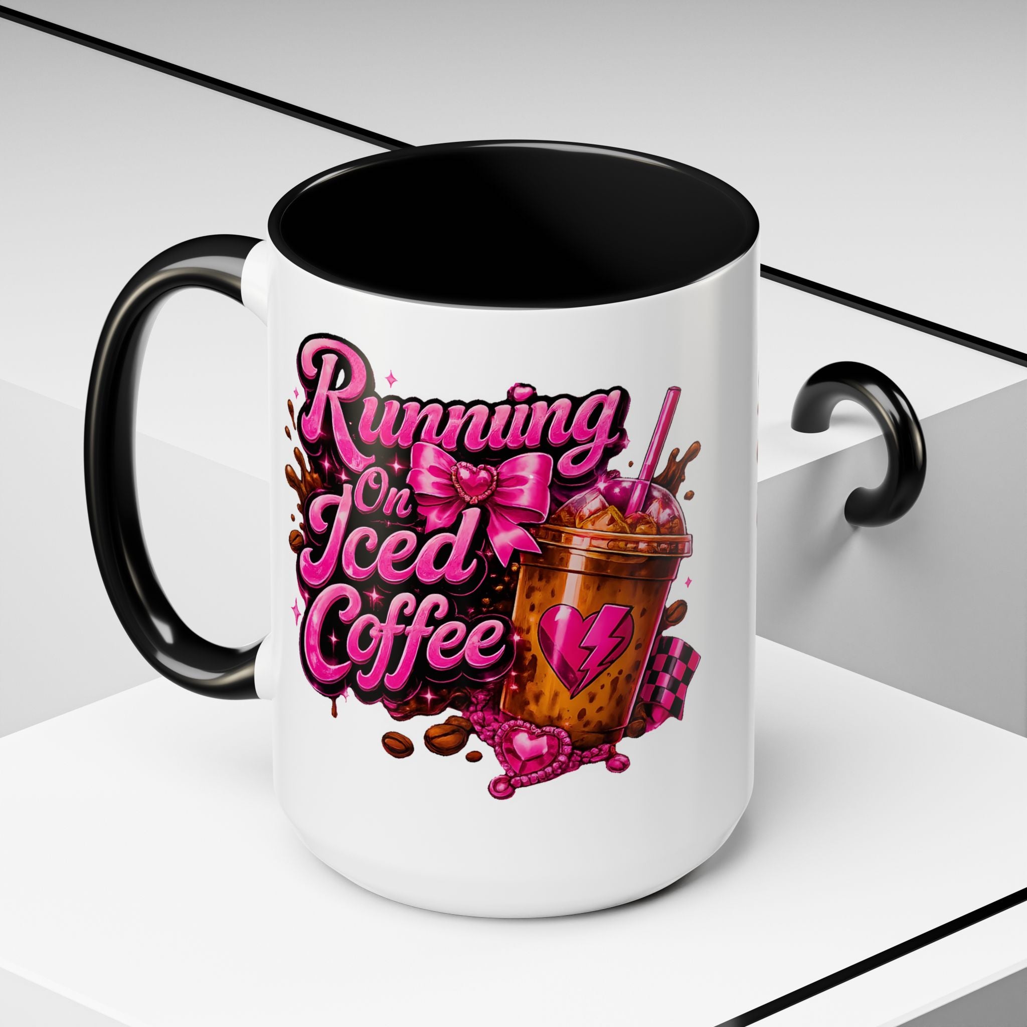 "Running on Iced Coffee" Pink Graphic Accent Mug (11/15oz) — Coffee Mug