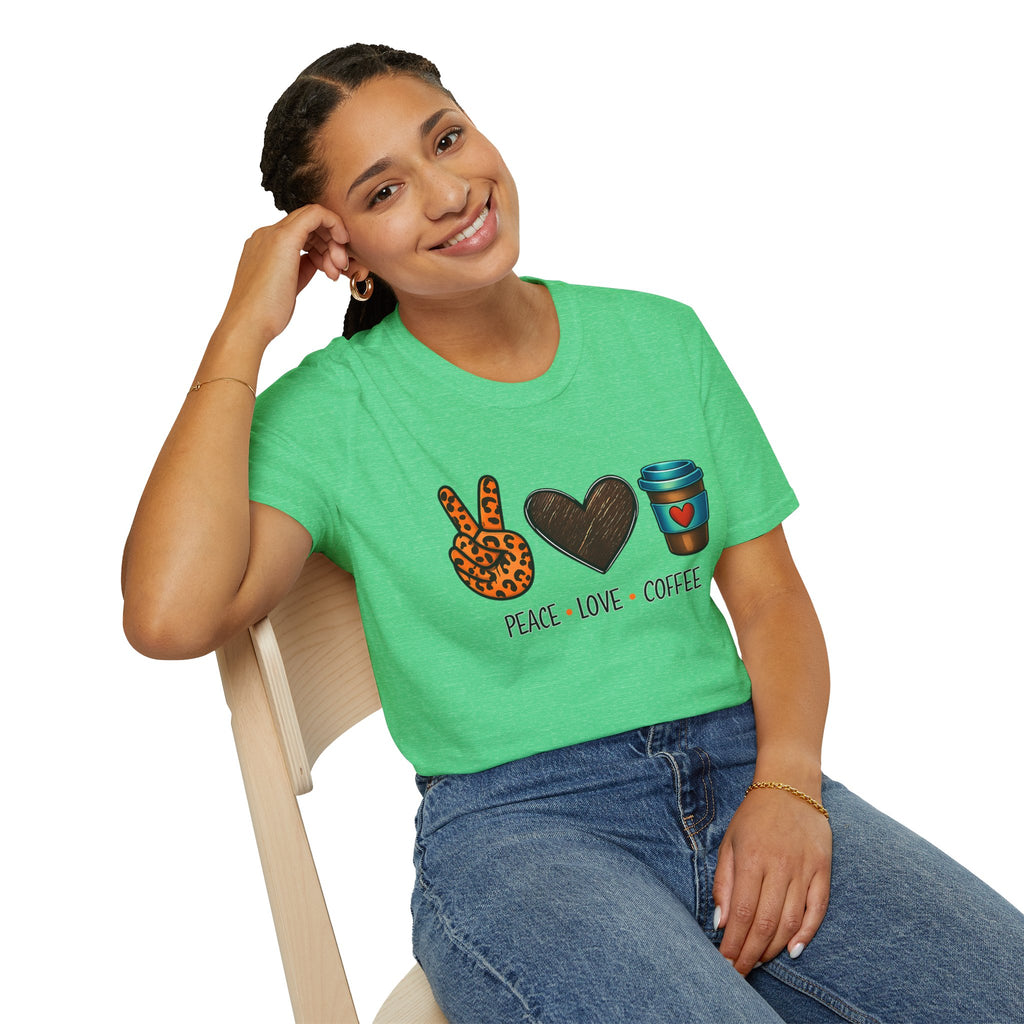 Peace Love Coffee T-Shirt — Retro Leopard Peace Sign & Heart Coffee Cup Tee