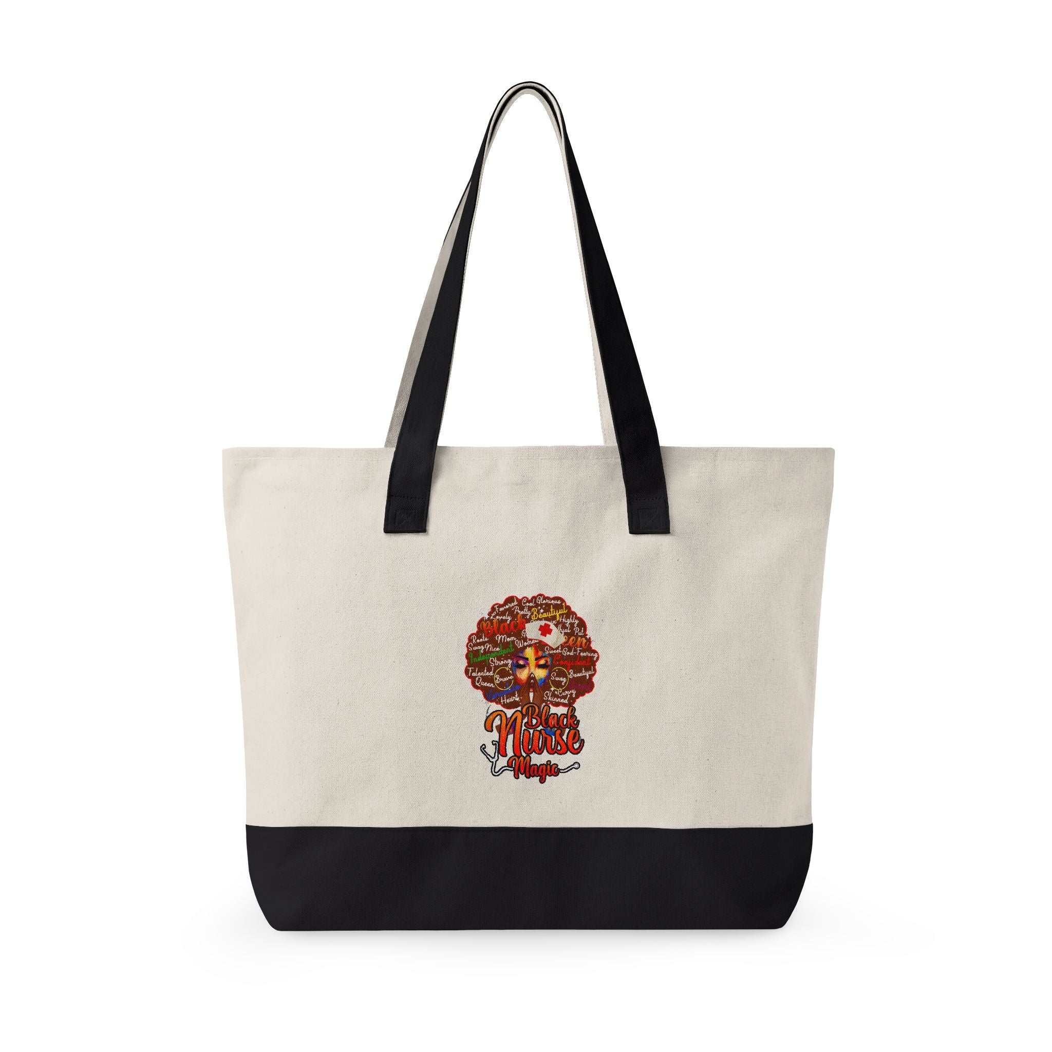 Black Nurse Magic w/Brown Afro Canvas Tote — Zippered Floral Calavera Bag
