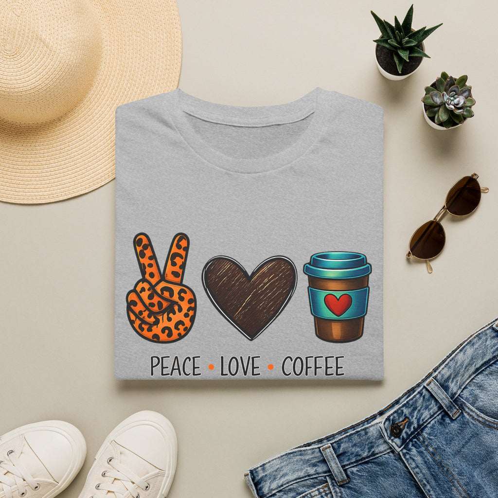 Peace Love Coffee T-Shirt — Retro Leopard Peace Sign & Heart Coffee Cup Tee